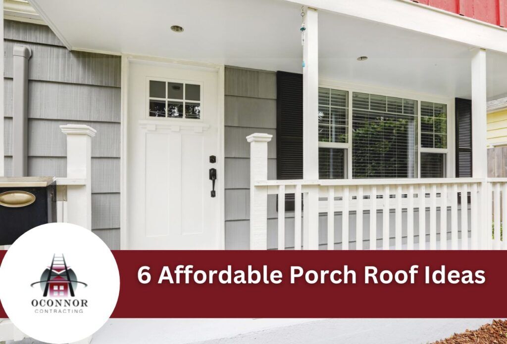 Modern house front porch with white pillars, gray siding, and covered roof