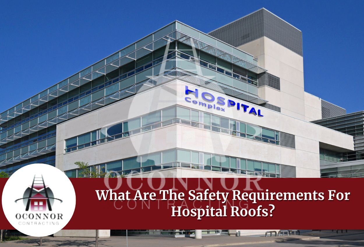 Modern hospital building with glass facade and safety requirements text overlay