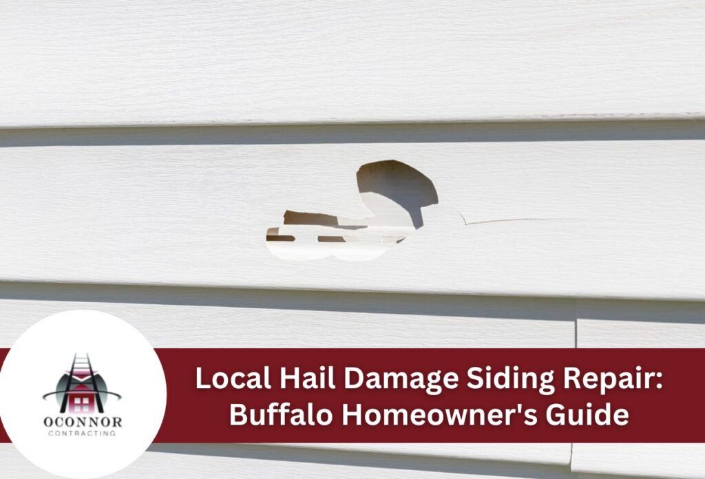 Damaged house siding from hail in need of repair in Buffalo area.