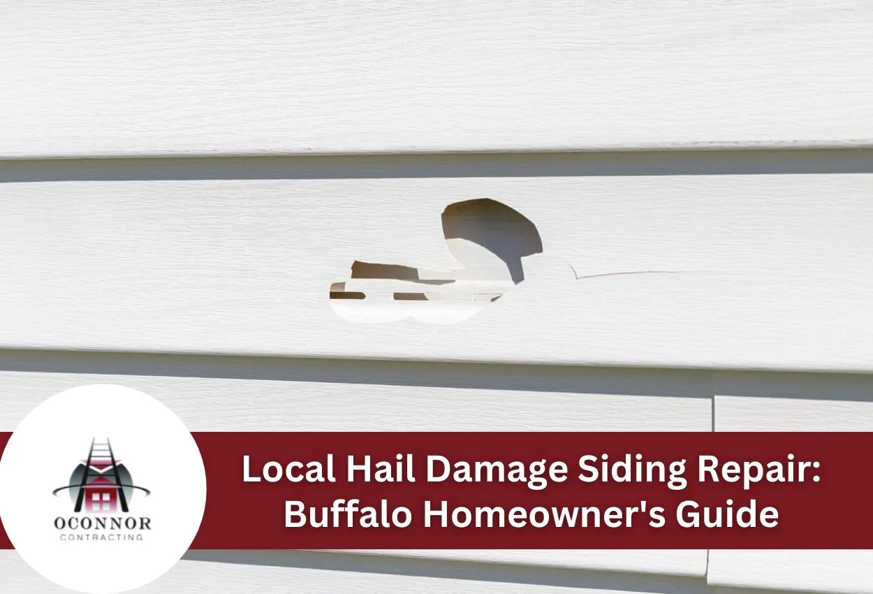 Damaged house siding from hail in need of repair in Buffalo area.