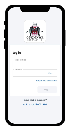 O'Connor Law Firm mobile app login screen with logo and email password fields
