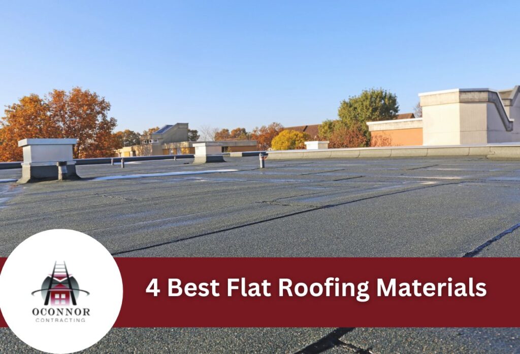 Flat commercial roof with autumn trees and text overlay about best roofing materials