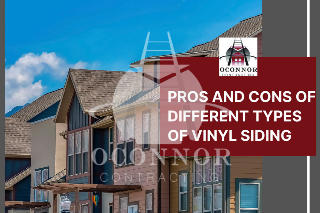 Various types of vinyl siding on modern houses under a clear blue sky.