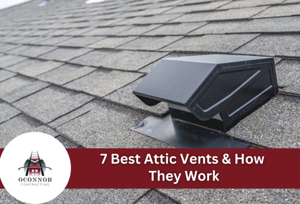 Black attic vent installed on gray asphalt shingle roof for home ventilation