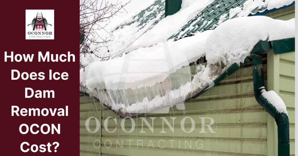 Snow-covered roof with ice dam and icicles, indicating removal cost query.