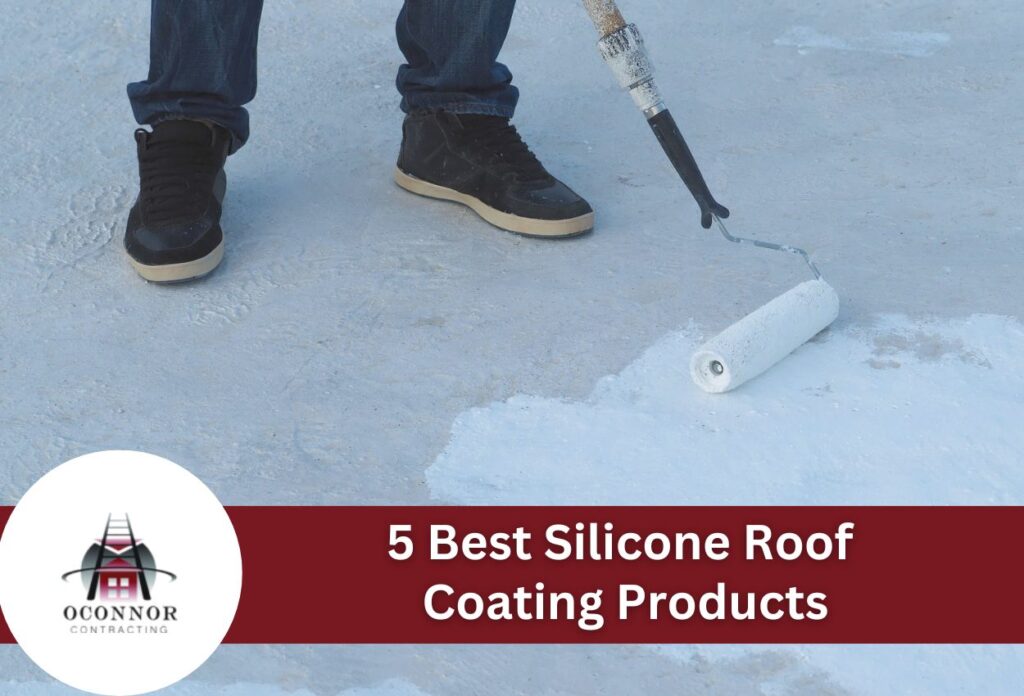 Person applying white silicone roof coating with paint roller on flat roof surface