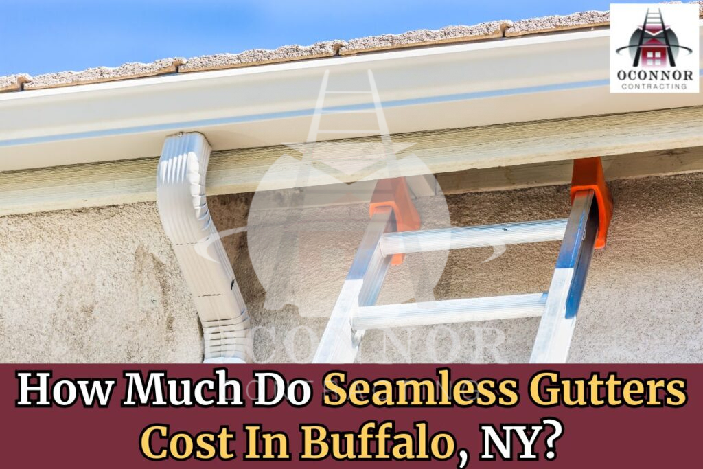 Seamless gutter installation showing downspout and gutter system on Buffalo home