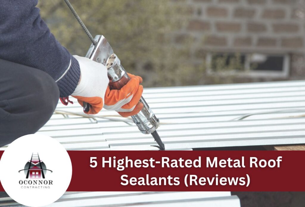 Worker applying sealant to metal roof with caulk gun wearing orange gloves