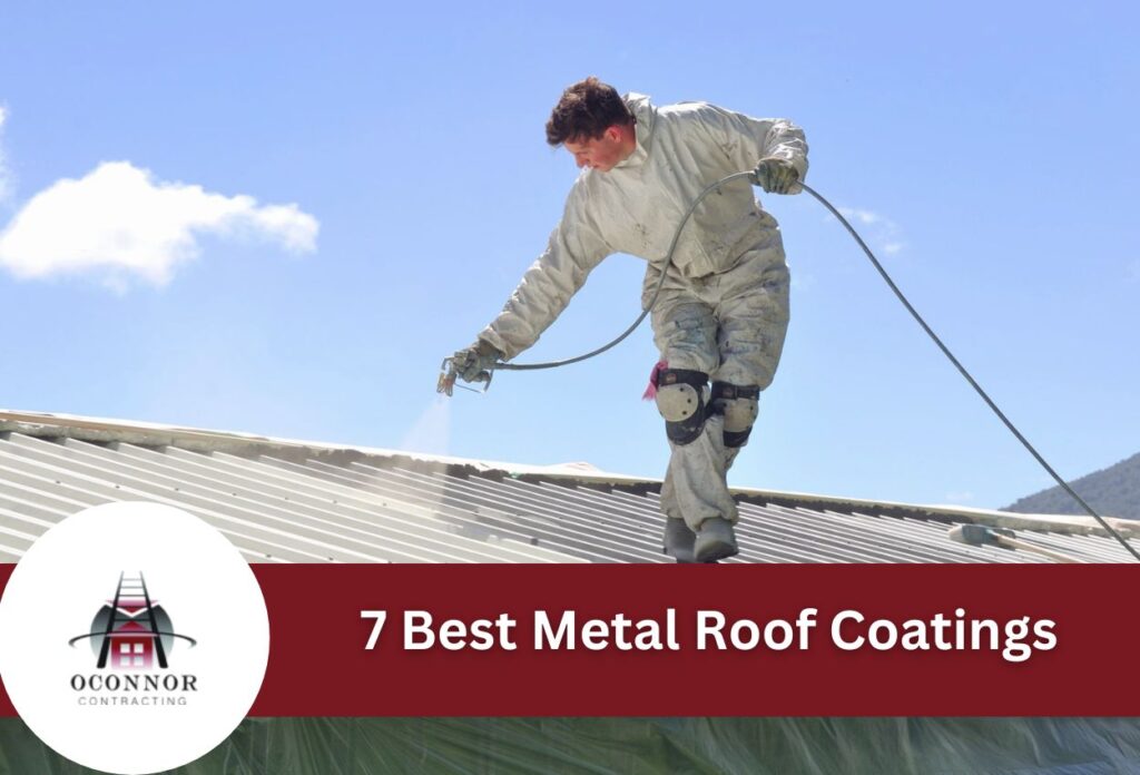 Professional contractor spray coating metal roof with protective coating equipment