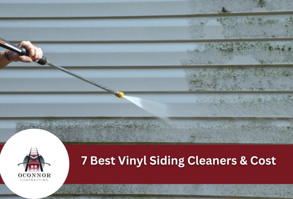 Hand holding pressure washer cleaning mold from vinyl siding exterior wall