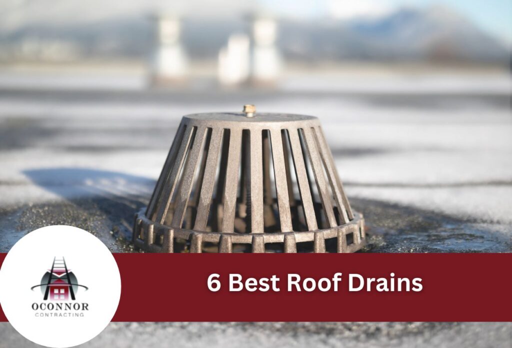 Metal roof drain strainer installed on flat rooftop with water pooling around it