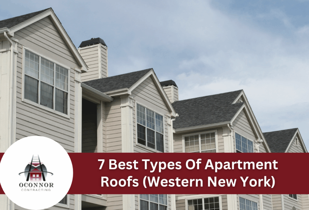 Modern apartment complex with dark shingle roofs and beige siding in Western NY