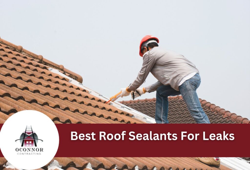Roofer applying sealant to clay tile roof for leak repair and maintenance