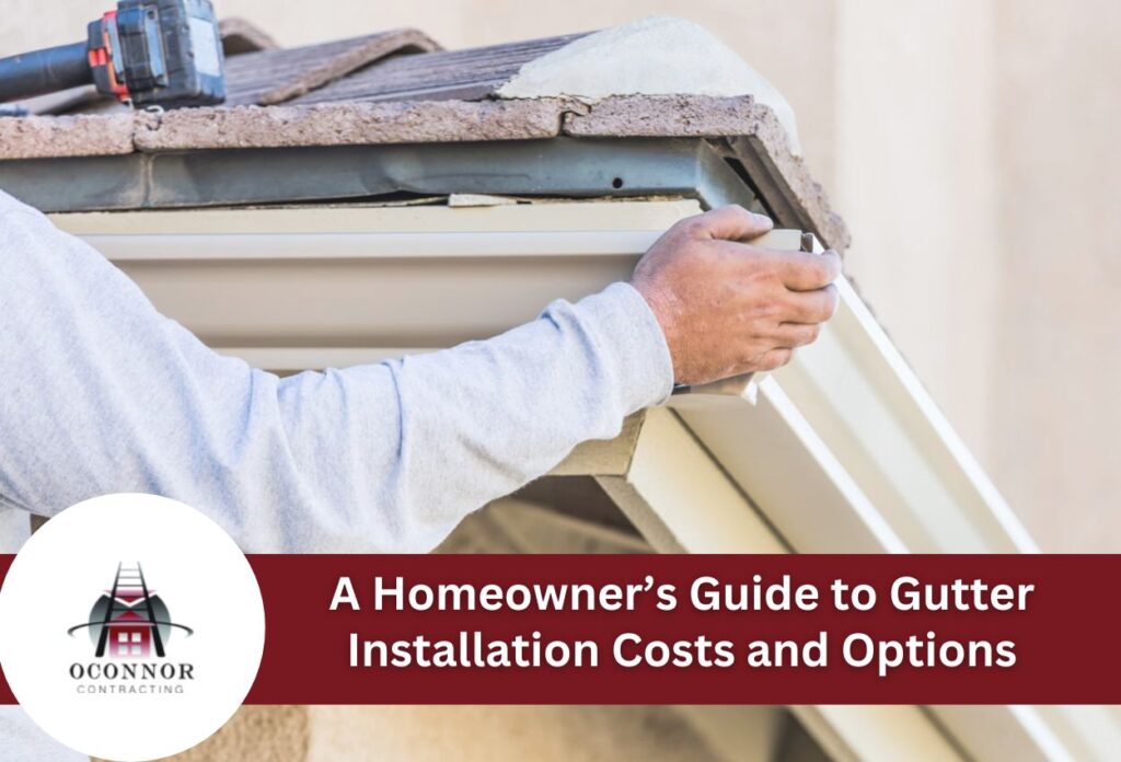 Worker installing white gutters on house exterior with power tools