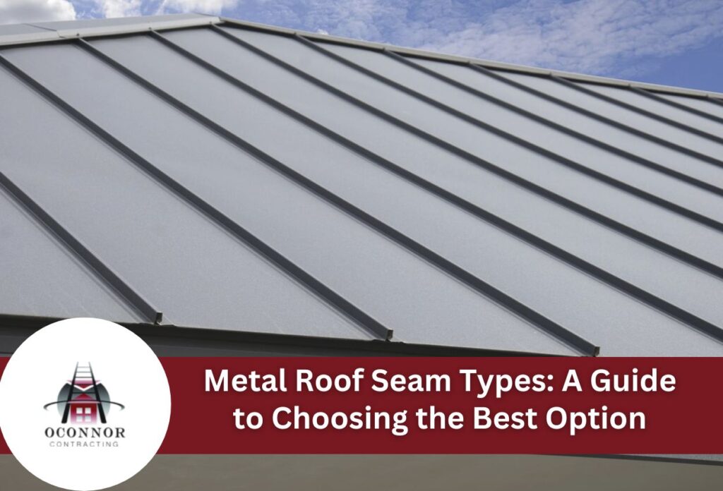 Gray metal roof with standing seam panels against blue sky with clouds