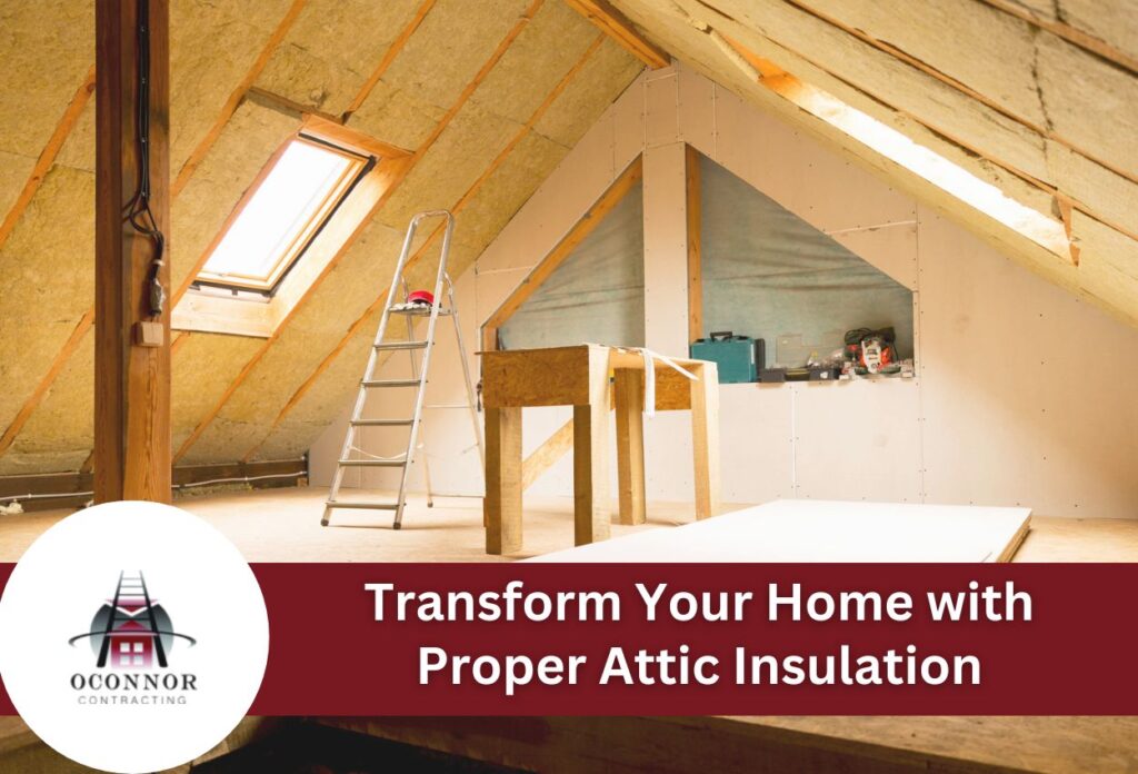 Attic renovation with insulation installation, ladder and construction materials