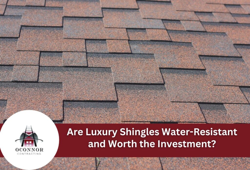 Brown asphalt shingles on residential roof with O'Connor Contracting logo overlay