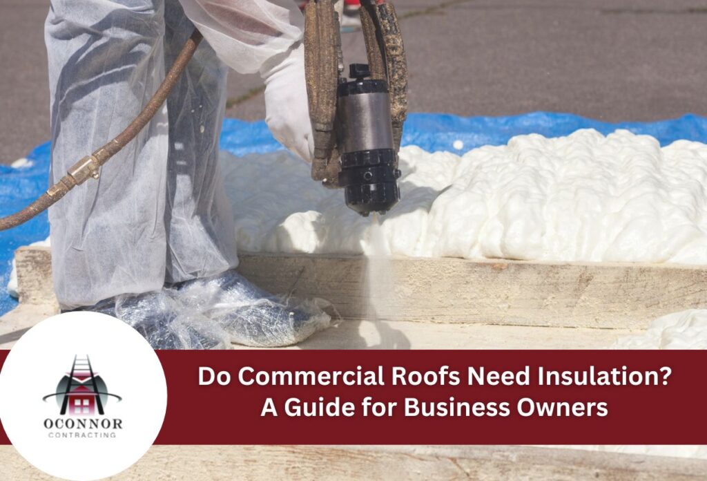 Worker applying spray foam insulation with professional equipment on commercial roof