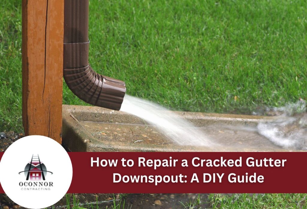 Brown gutter downspout with water flowing onto concrete splash pad in green yard