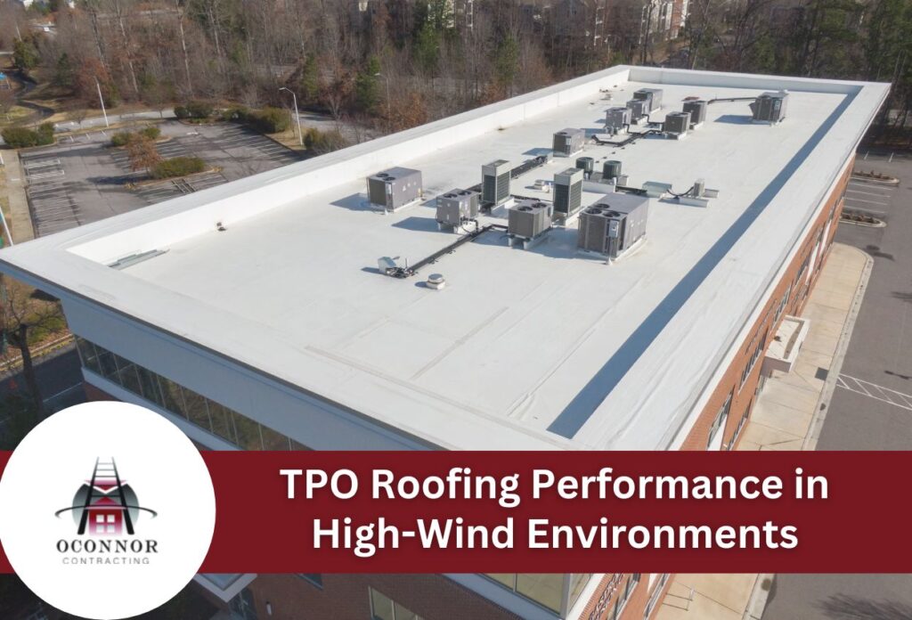 White TPO commercial roof with HVAC units aerial view showing high-wind performance