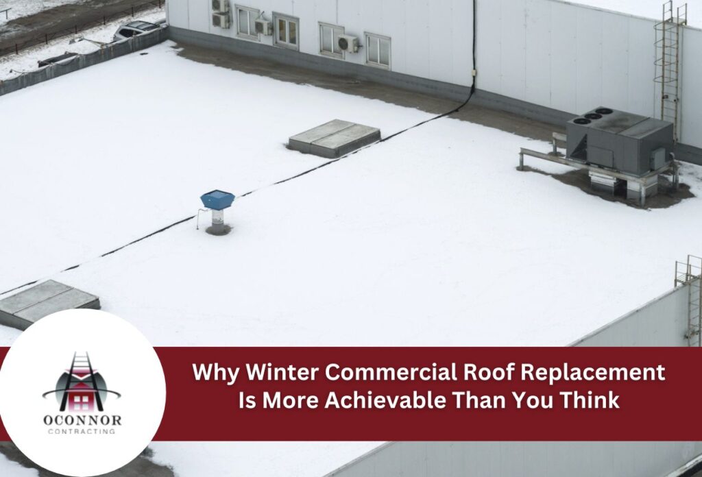 White commercial flat roof with HVAC equipment and winter snow coverage