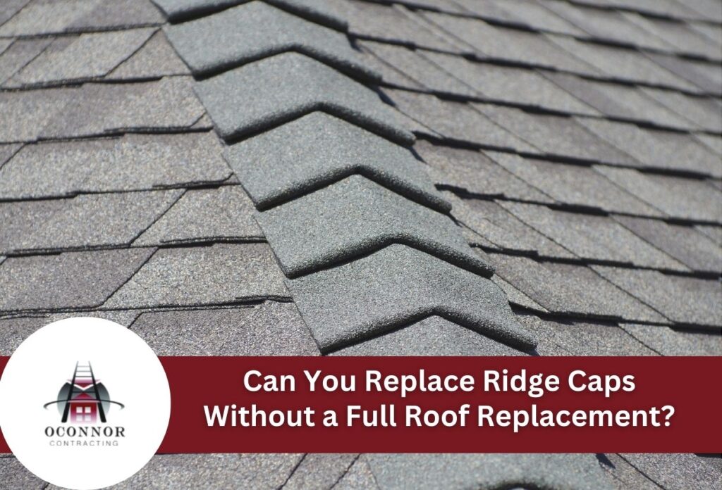 Close-up of ridge caps on asphalt shingle roof for replacement query