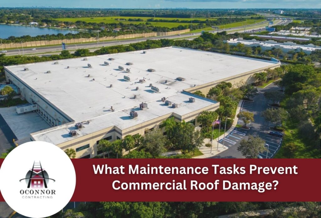 Aerial view of commercial building roof for damage prevention maintenance.