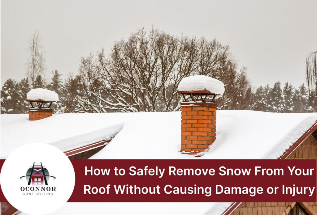 Snow-covered roof with chimneys during winter season.