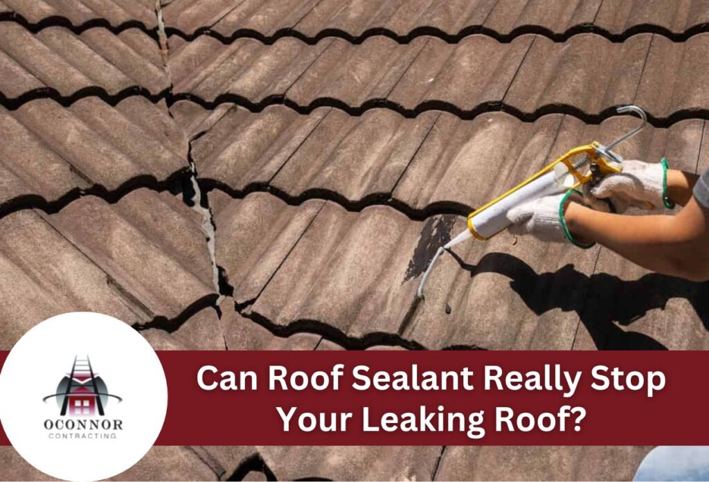 Hand applying sealant to cracked roof tiles for leak prevention.