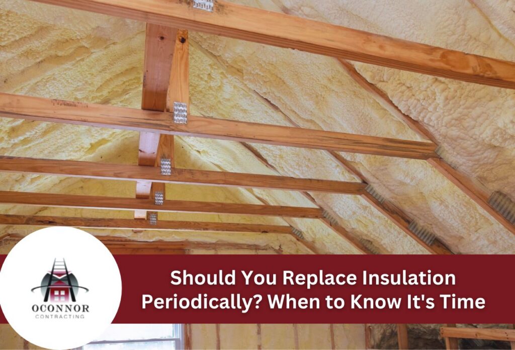 Wooden beams in an attic with yellow insulation foam applied.