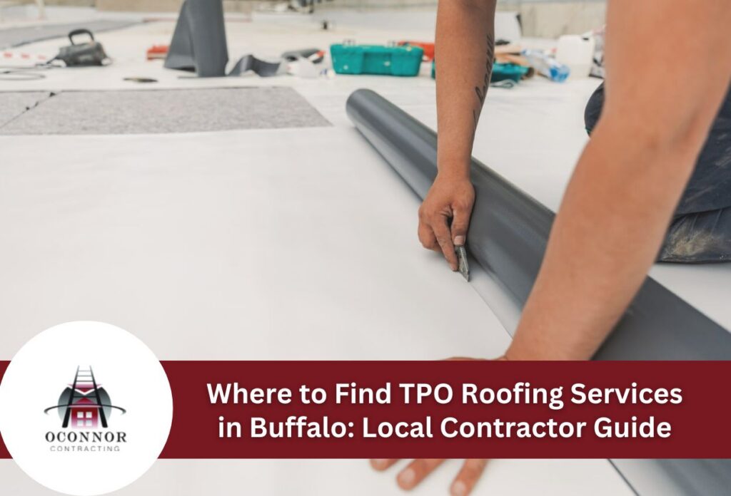 Worker installing TPO roofing with precision in a construction site.