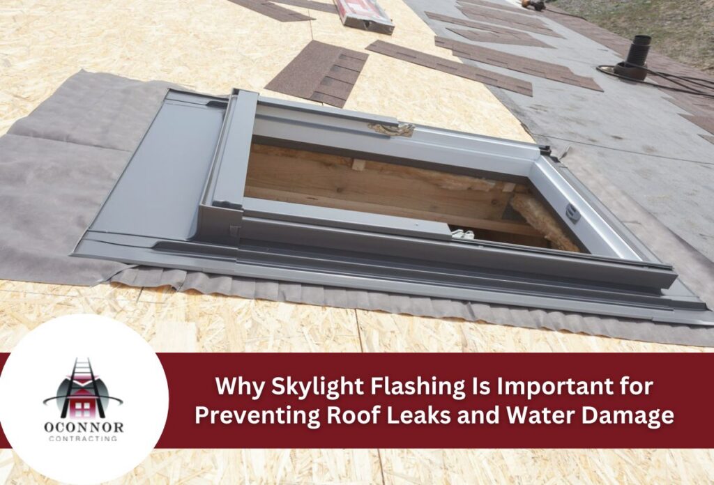 Skylight installation on roof with focus on flashing and water protection.