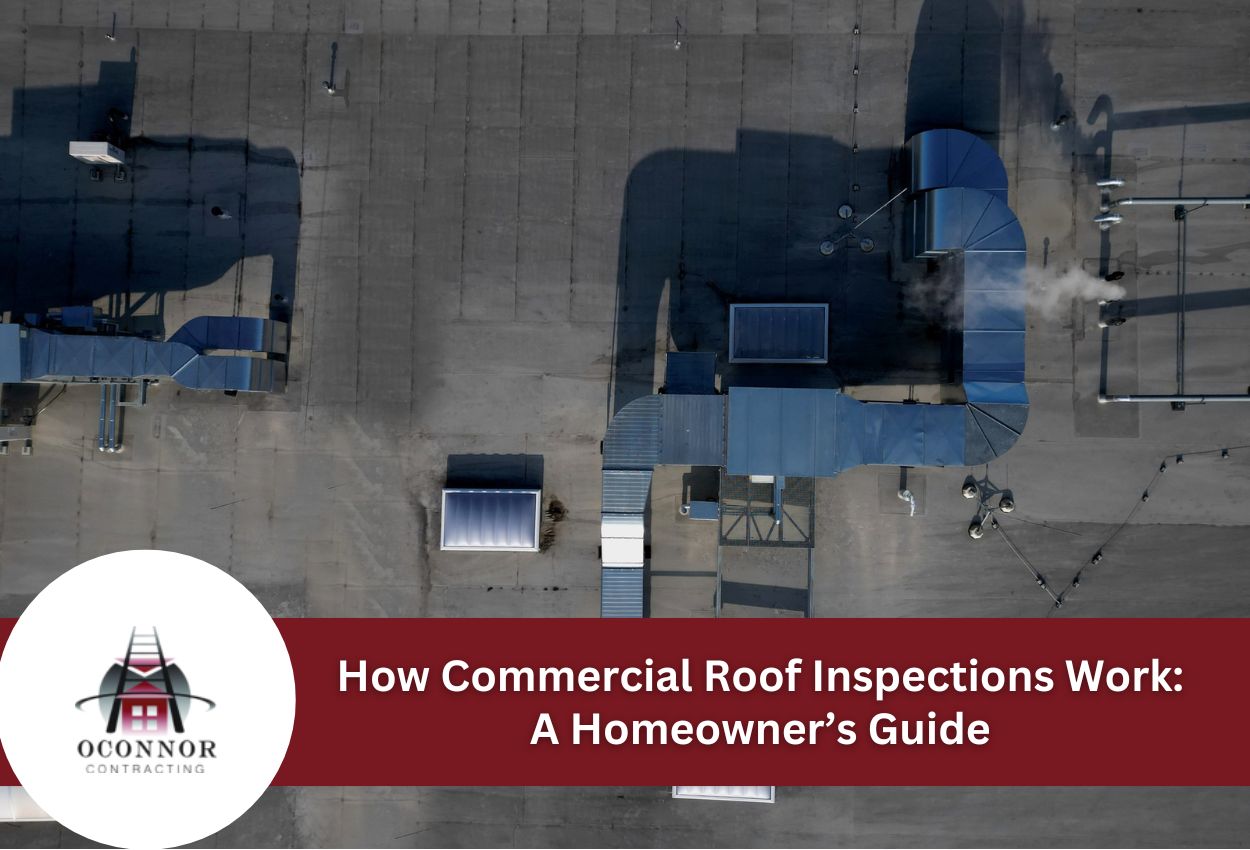 Aerial view of a commercial roof with vent systems and inspection guide overlay.