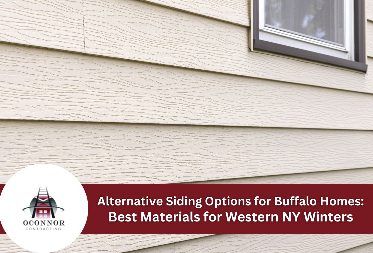 Close-up of textured beige home siding with window, ideal for Buffalo winters.