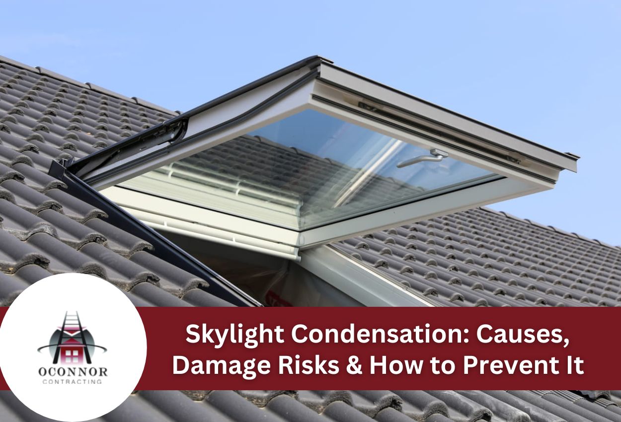 Open skylight on a tiled roof with clear blue sky in the background.