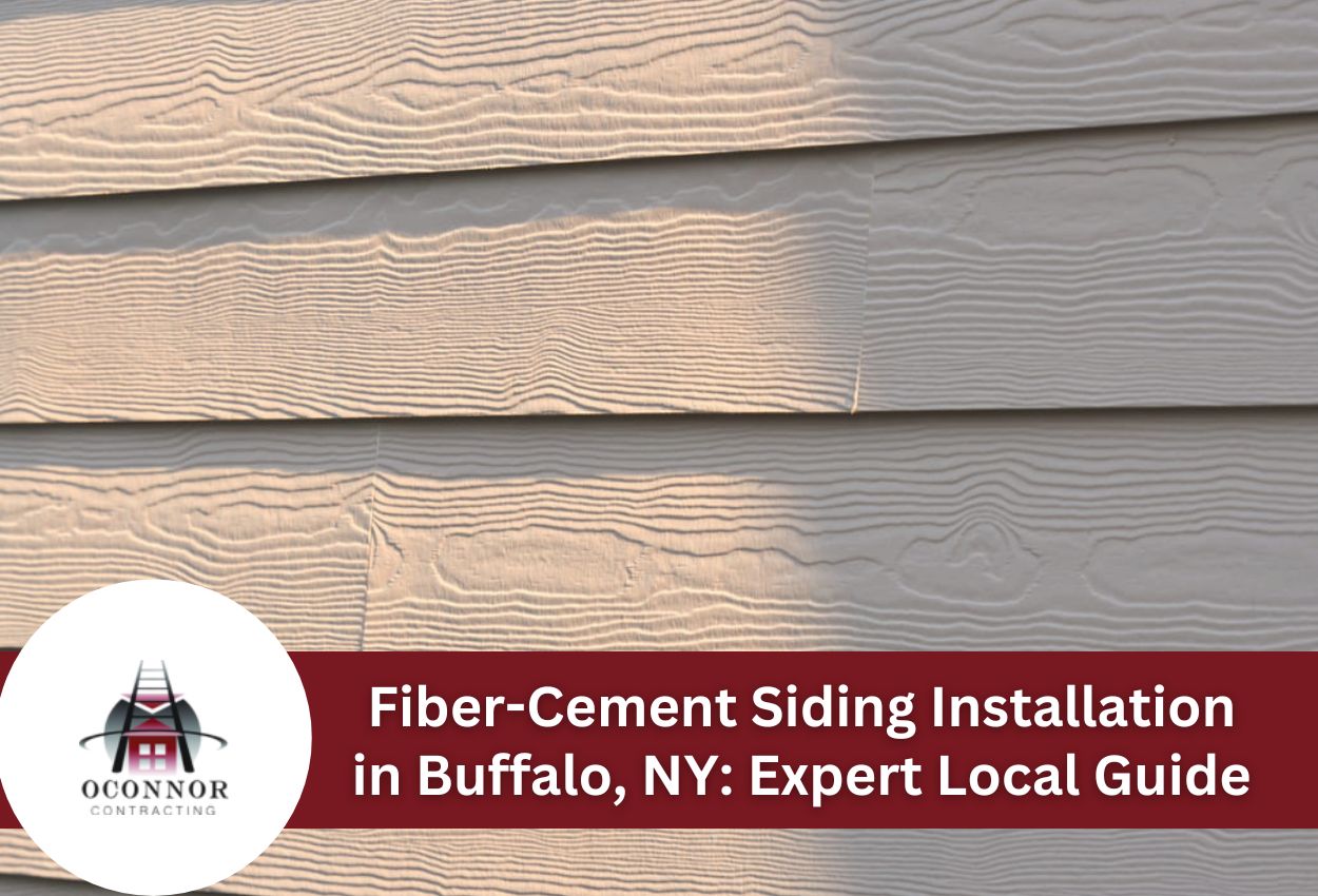 Close-up of fiber-cement siding installation in Buffalo, NY by O'Connor Contracting.