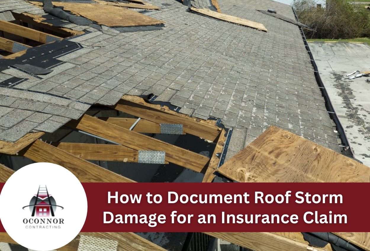 Damaged roof with missing shingles illustrating storm impact