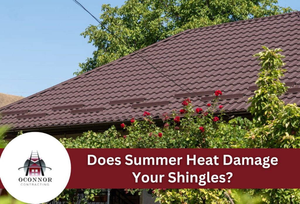 House with shingle roof and summer foliage, exploring heat impact.