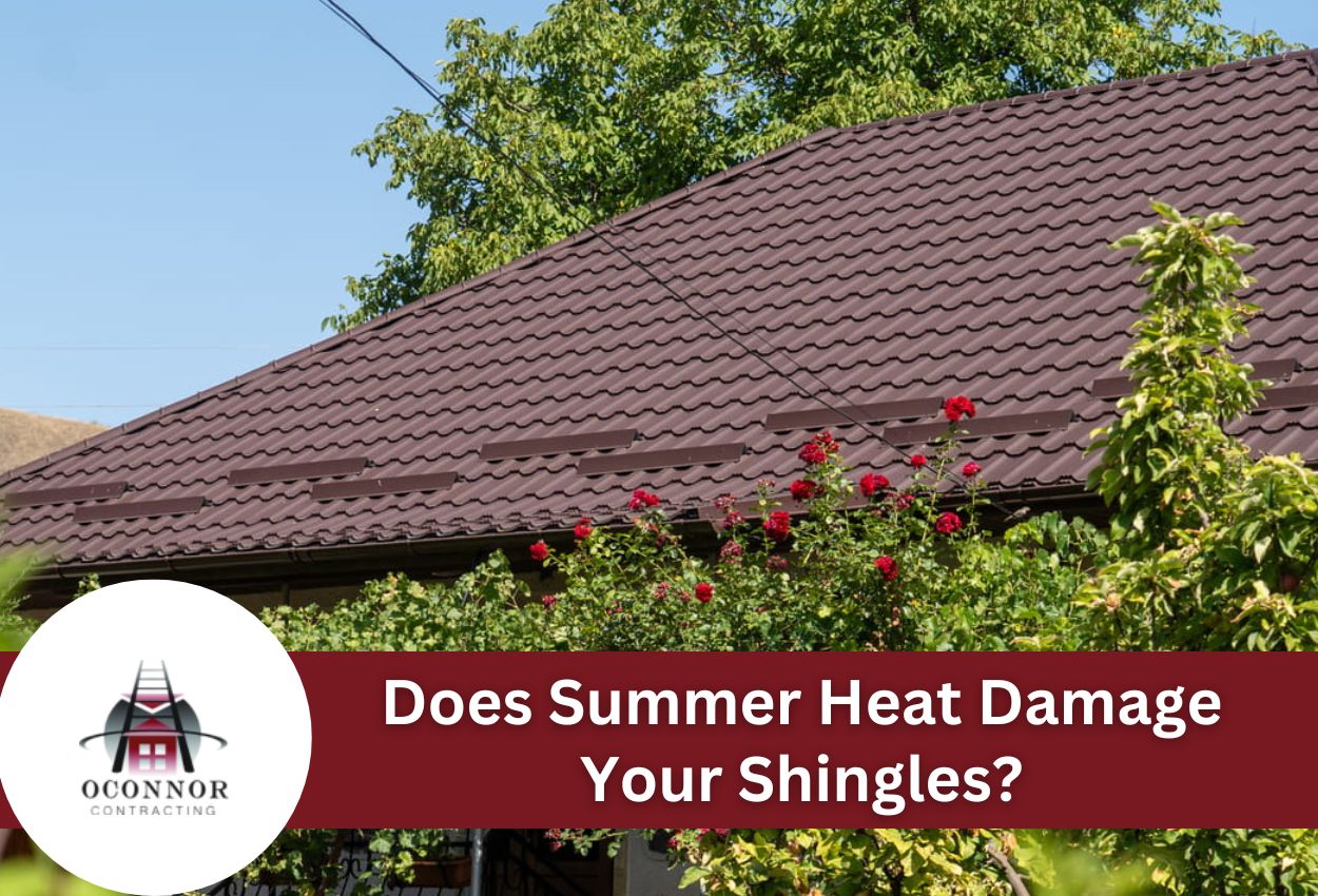 House with shingle roof and summer foliage, exploring heat impact.