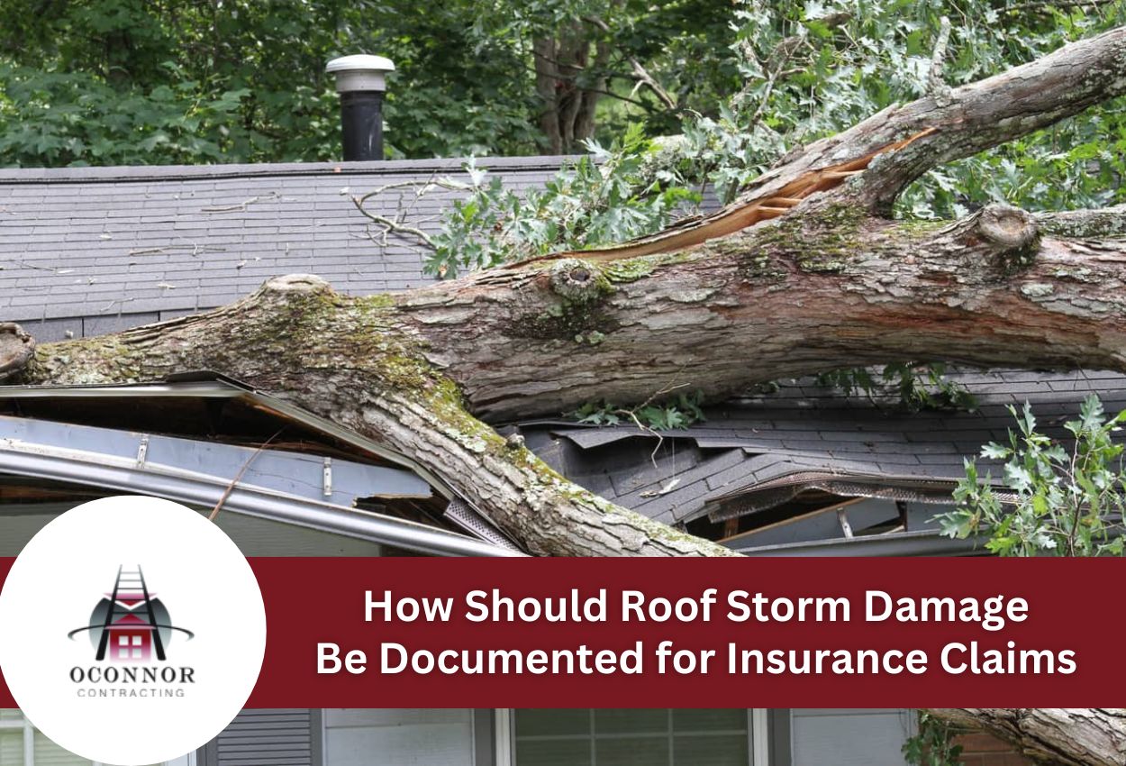 Fallen tree causing roof damage, highlighting insurance documentation