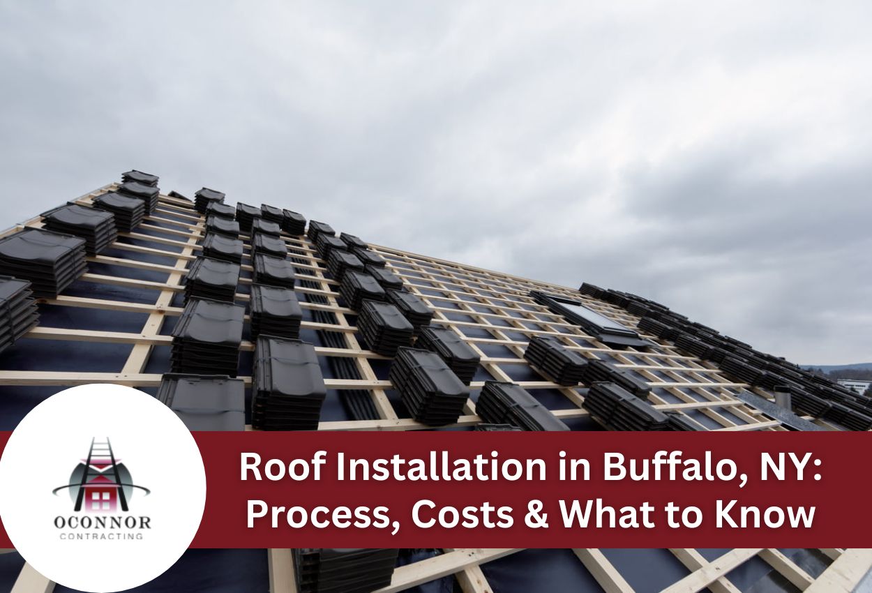 Roof installation in progress with stacks of tiles on wooden framework