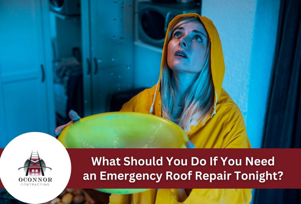 Woman in raincoat holds container under leak during emergency roof repair.