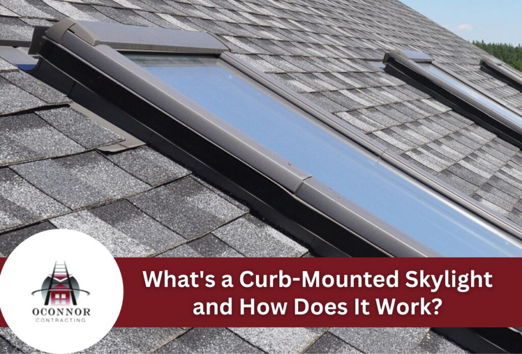 Curb-mounted skylight on a shingled roof with blue sky background