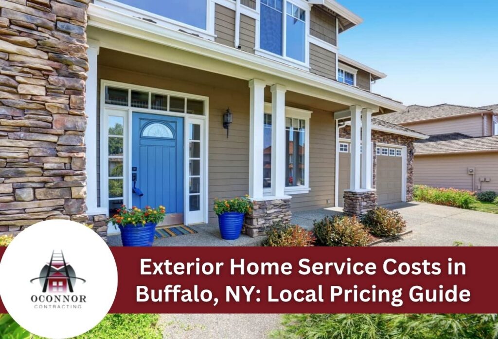 Charming home exterior with blue door and stone wall accent in Buffalo, NY.