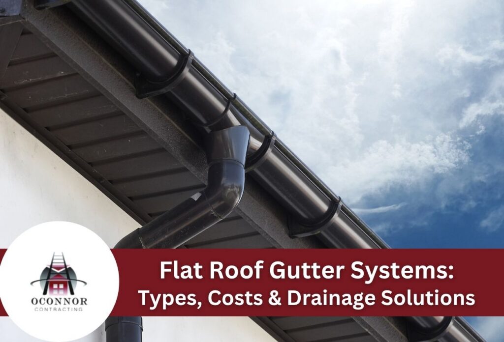 Flat roof gutter system with black pipes under blue sky conditions.