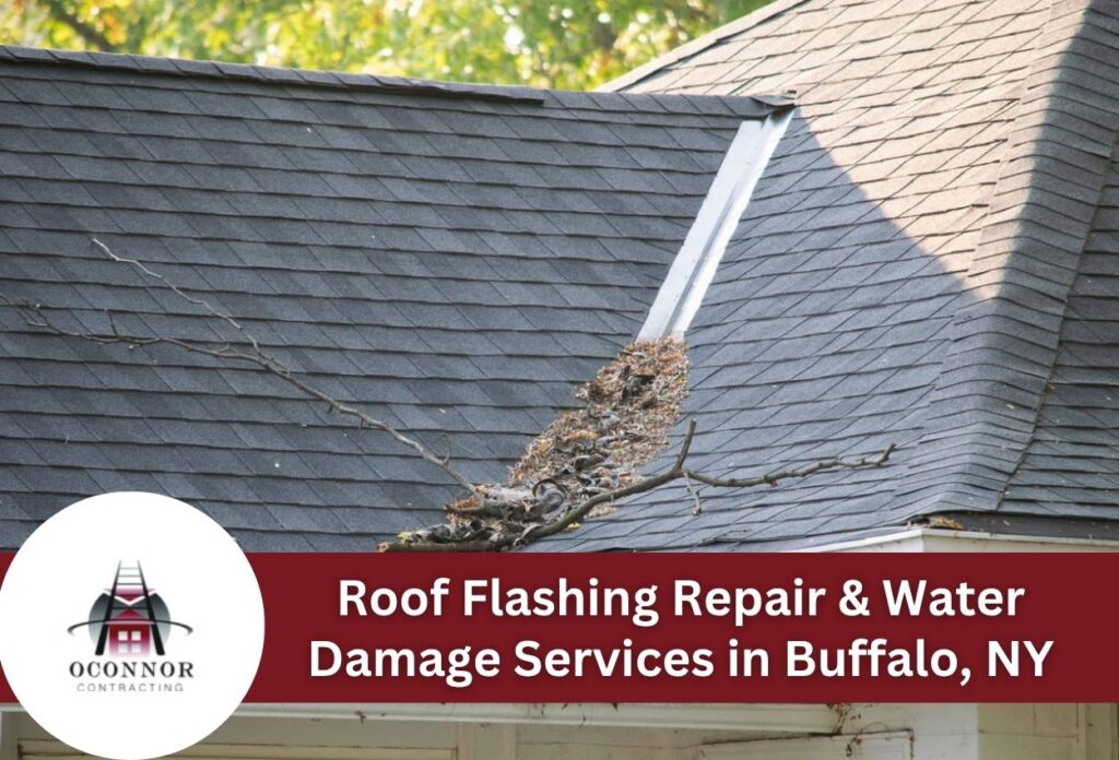 Damaged roof with branches and debris indicating flashing repair needs.