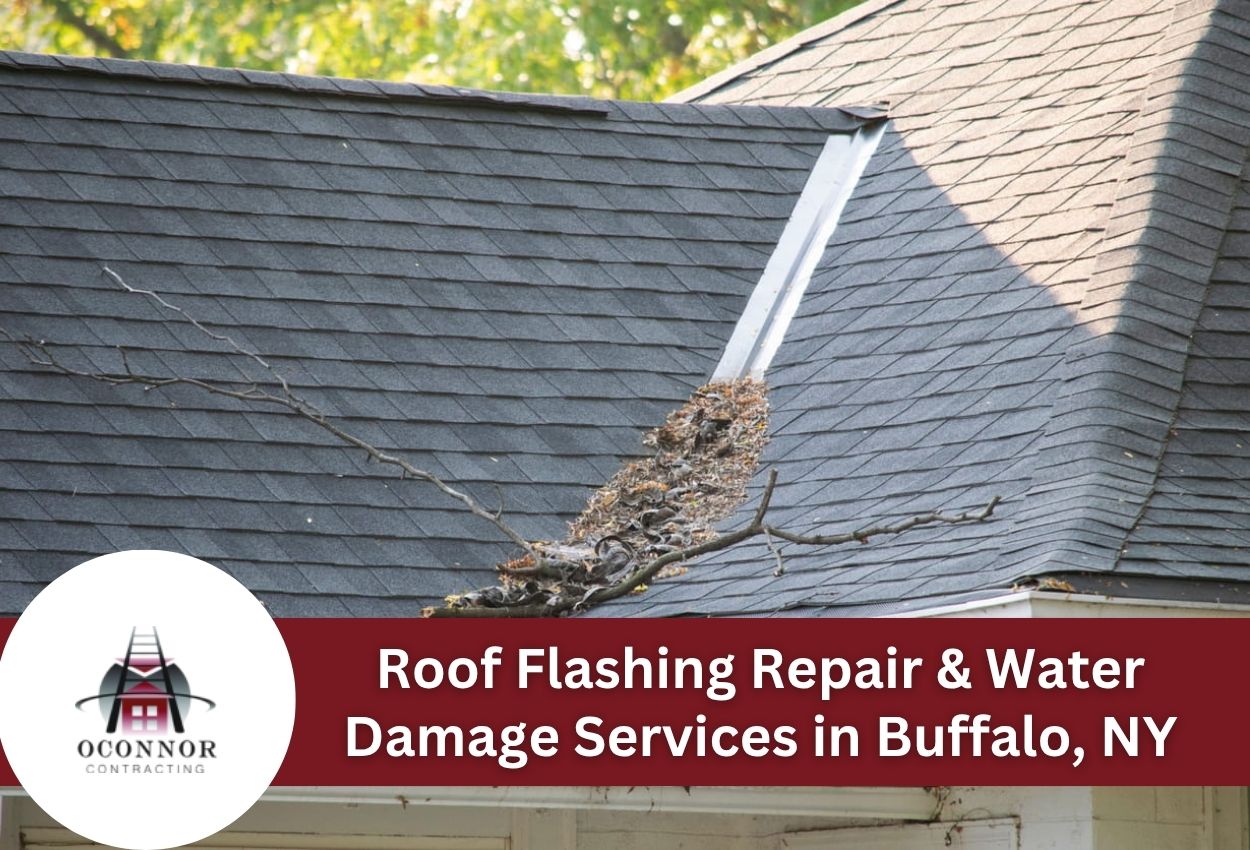 Damaged roof with branches and debris indicating flashing repair needs.